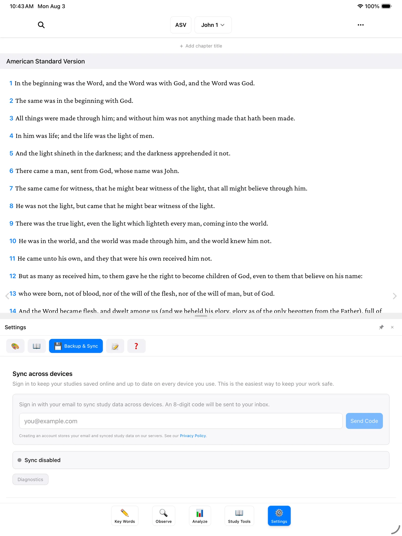 The Backup & Sync screen in Settings, showing the email sign-in form under Sync across devices