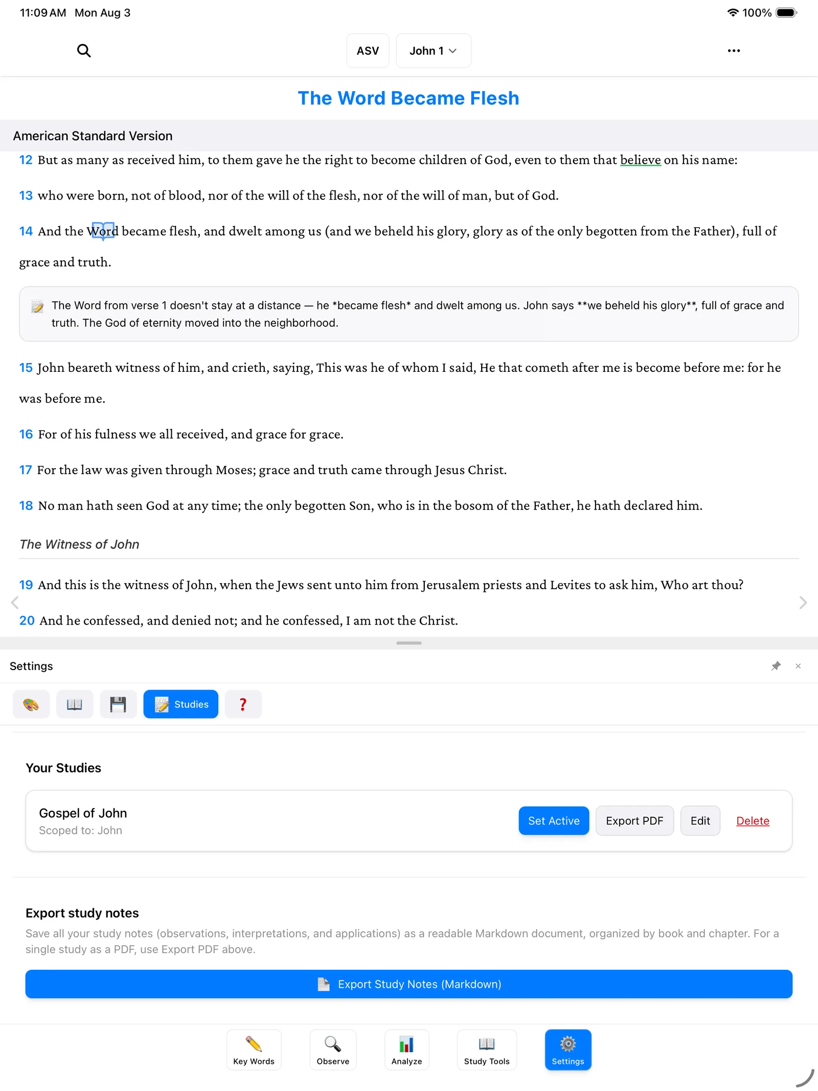 The Your Studies list showing a study named Gospel of John scoped to John, with Set Active, Export PDF, Edit, and Delete buttons