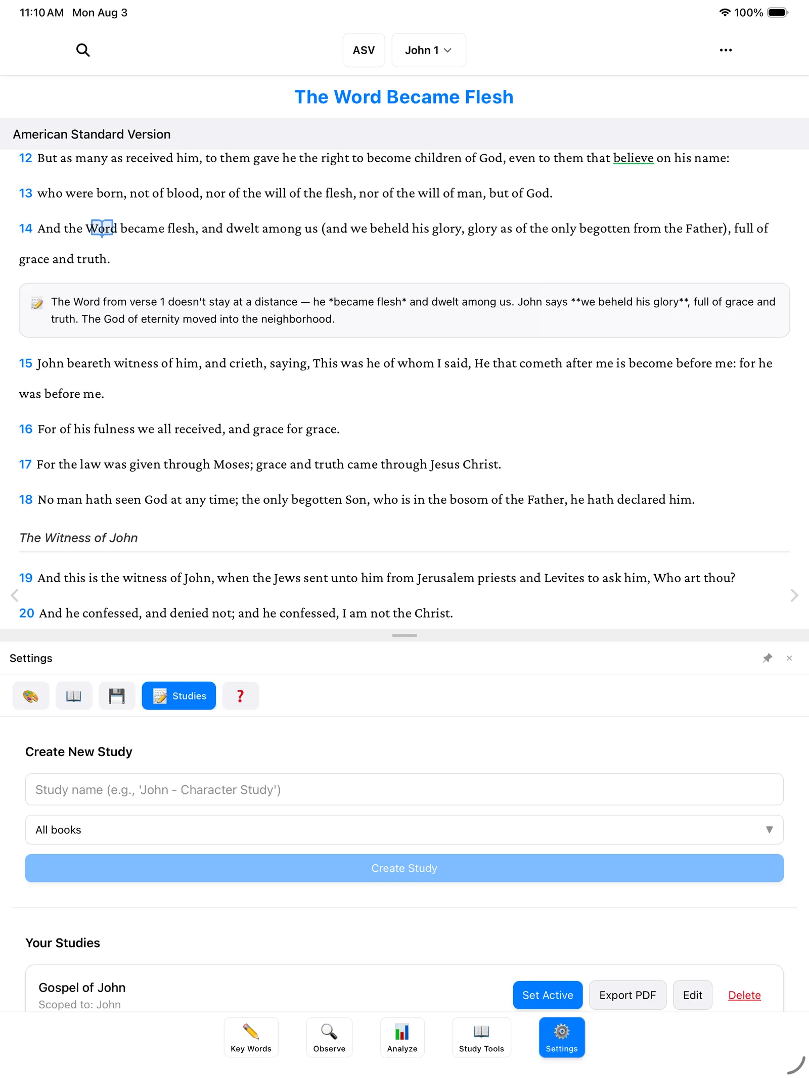 The Create New Study form with a name field and a book picker set to All books