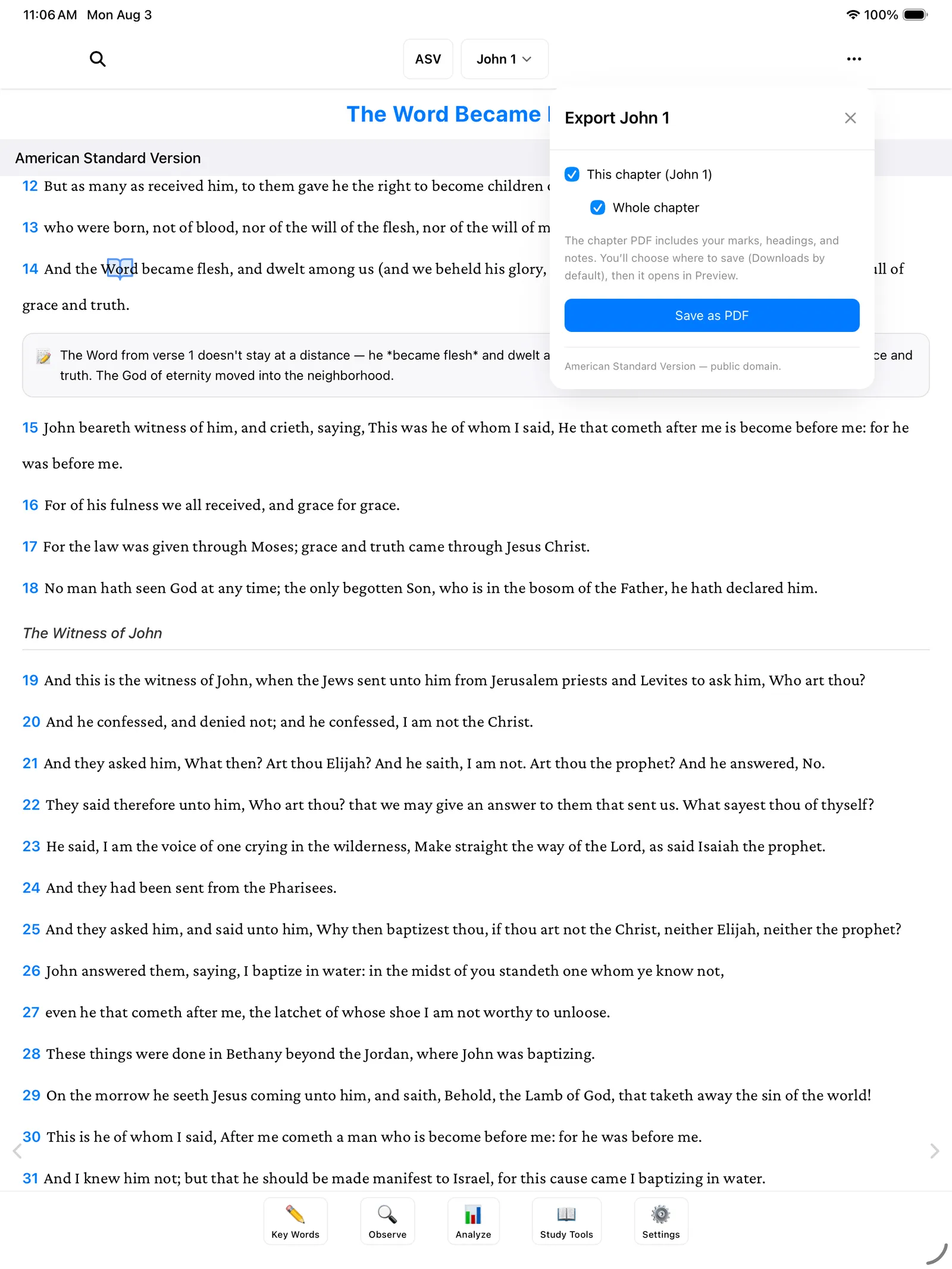 The Export John 1 window with its checkboxes and the Save as PDF button