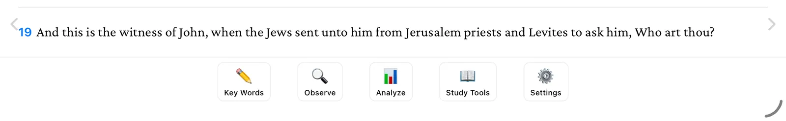 The row of five buttons along the bottom: Key Words, Observe, Analyze, Study Tools, and Settings
