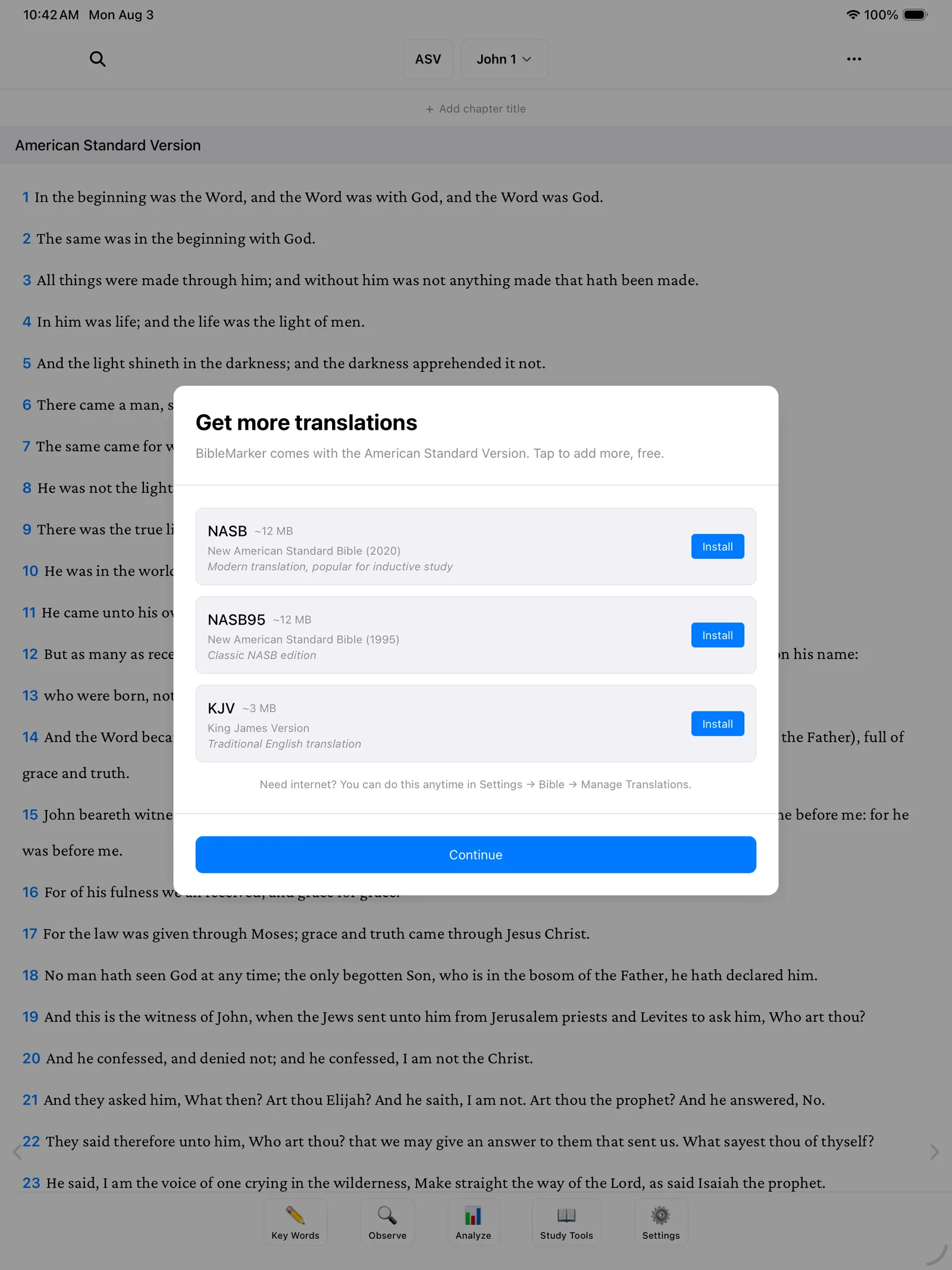 The first-launch prompt offering the NASB 2020 and NASB 1995 as free downloads