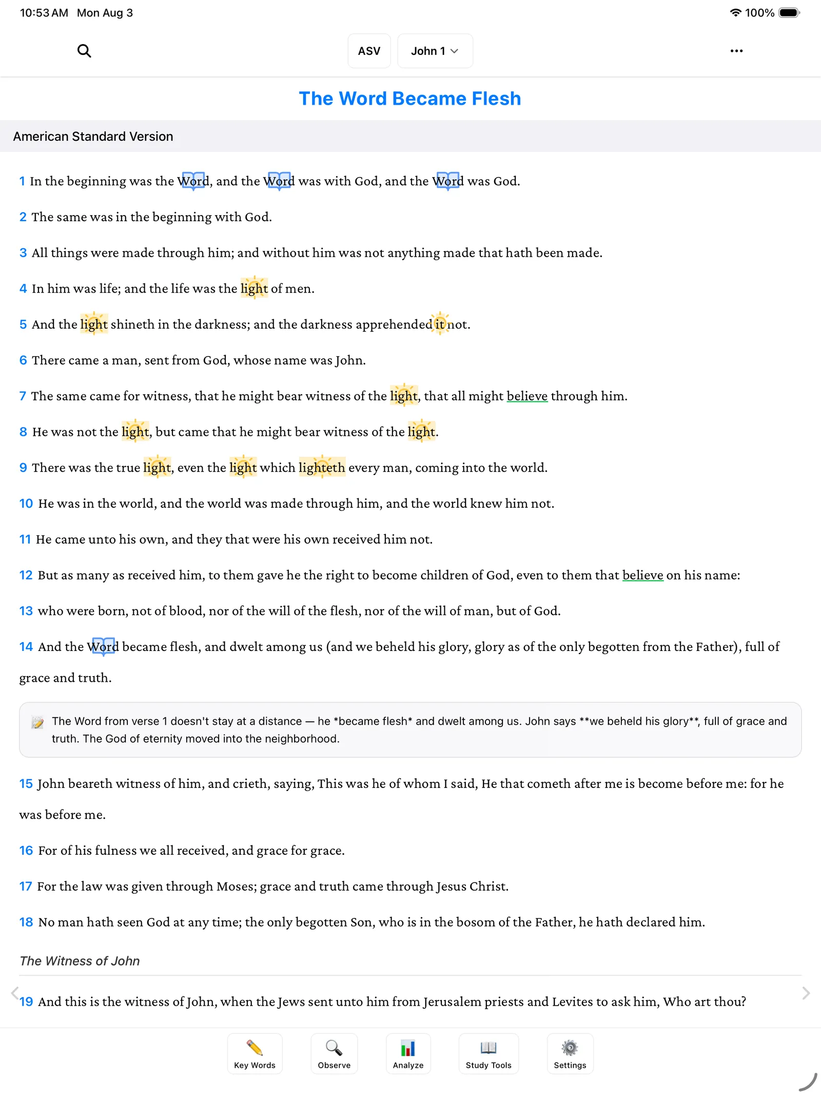 The reading view showing John 1 with words highlighted and marked