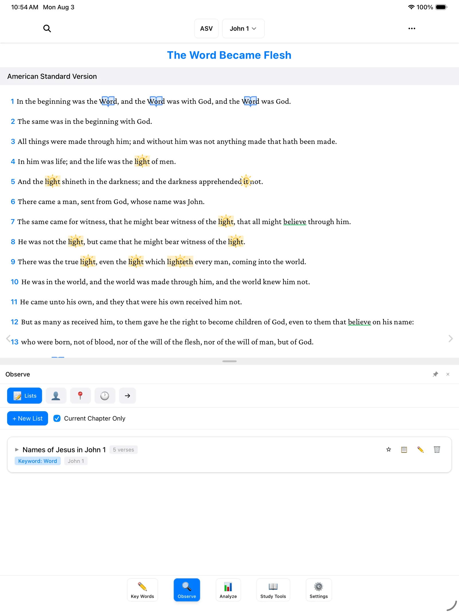 The Observe panel open on the Lists tab