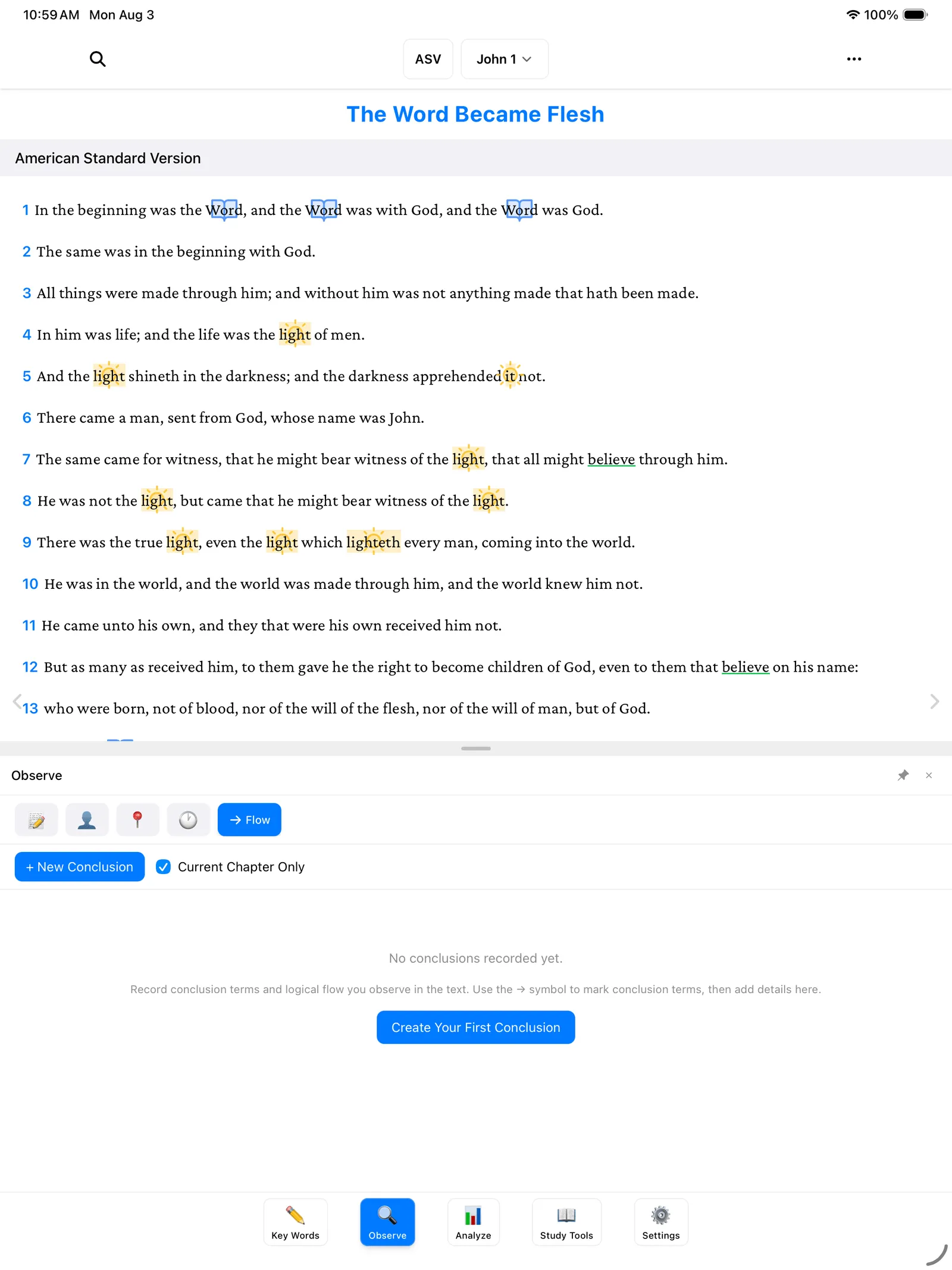 The Flow tab's empty state with the Create Your First Conclusion button