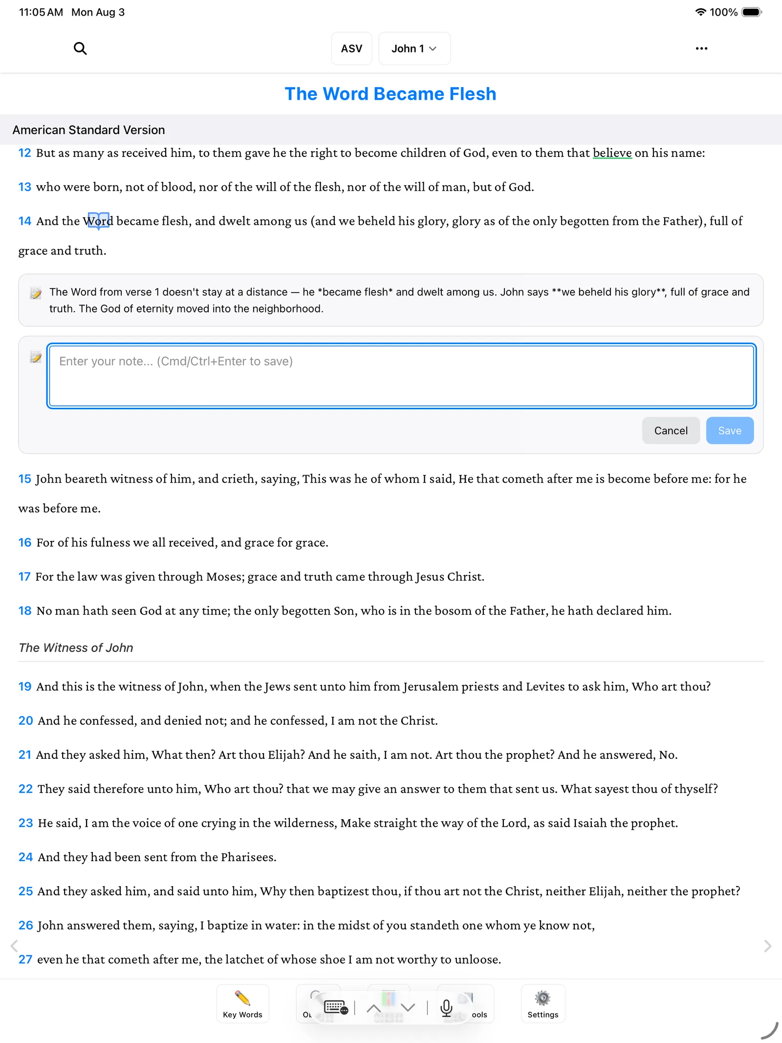 The note editor open under verse 14, with an existing note shown above it