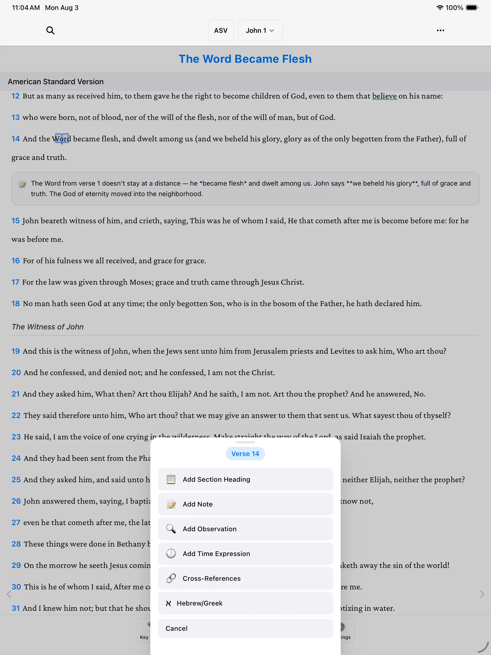 The verse-number menu showing Add Section Heading, Add Note, Add Observation, Add Time Expression, Cross-References, and Hebrew-Greek