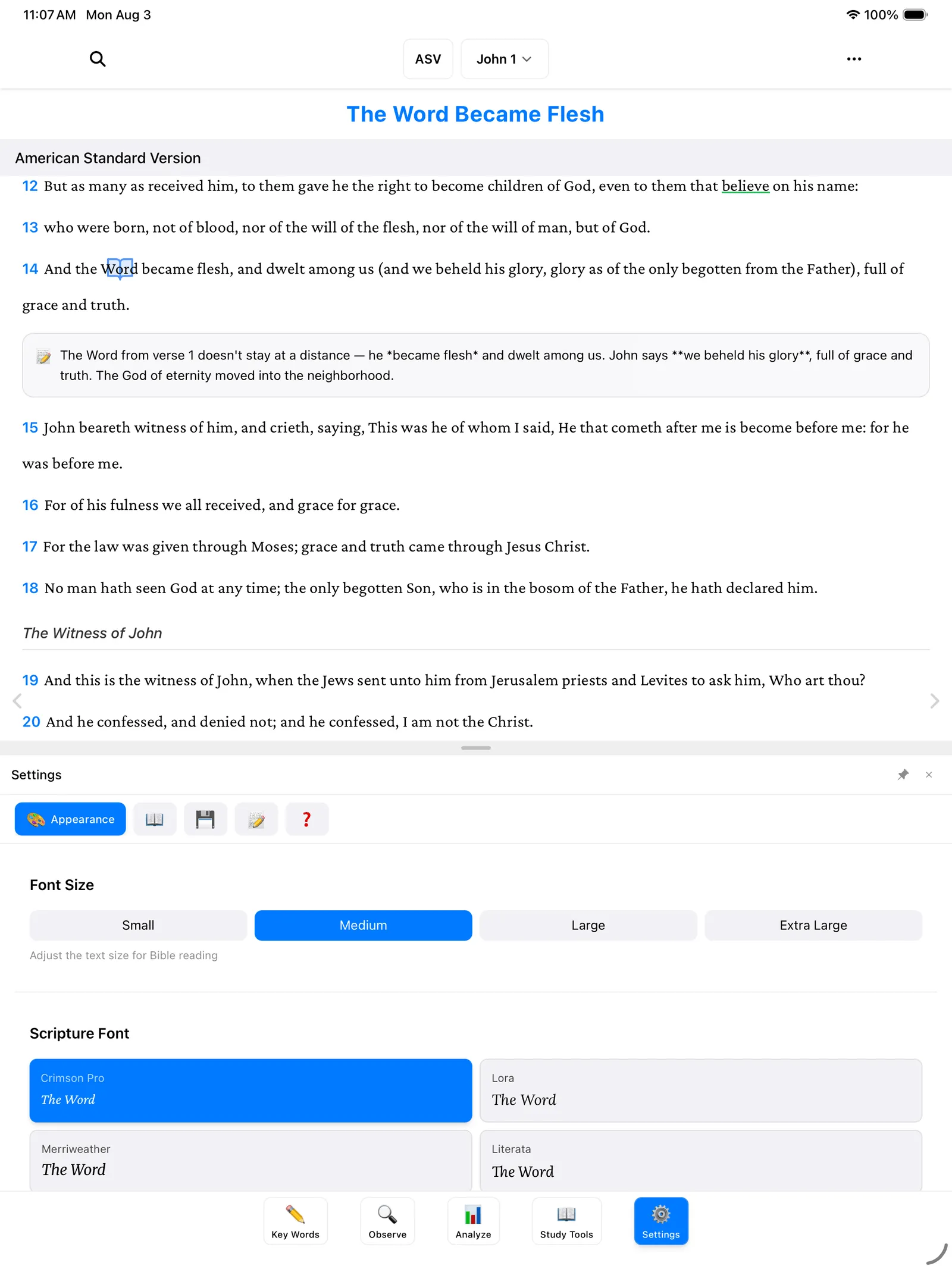 The Appearance tab showing the Font Size and Scripture Font options