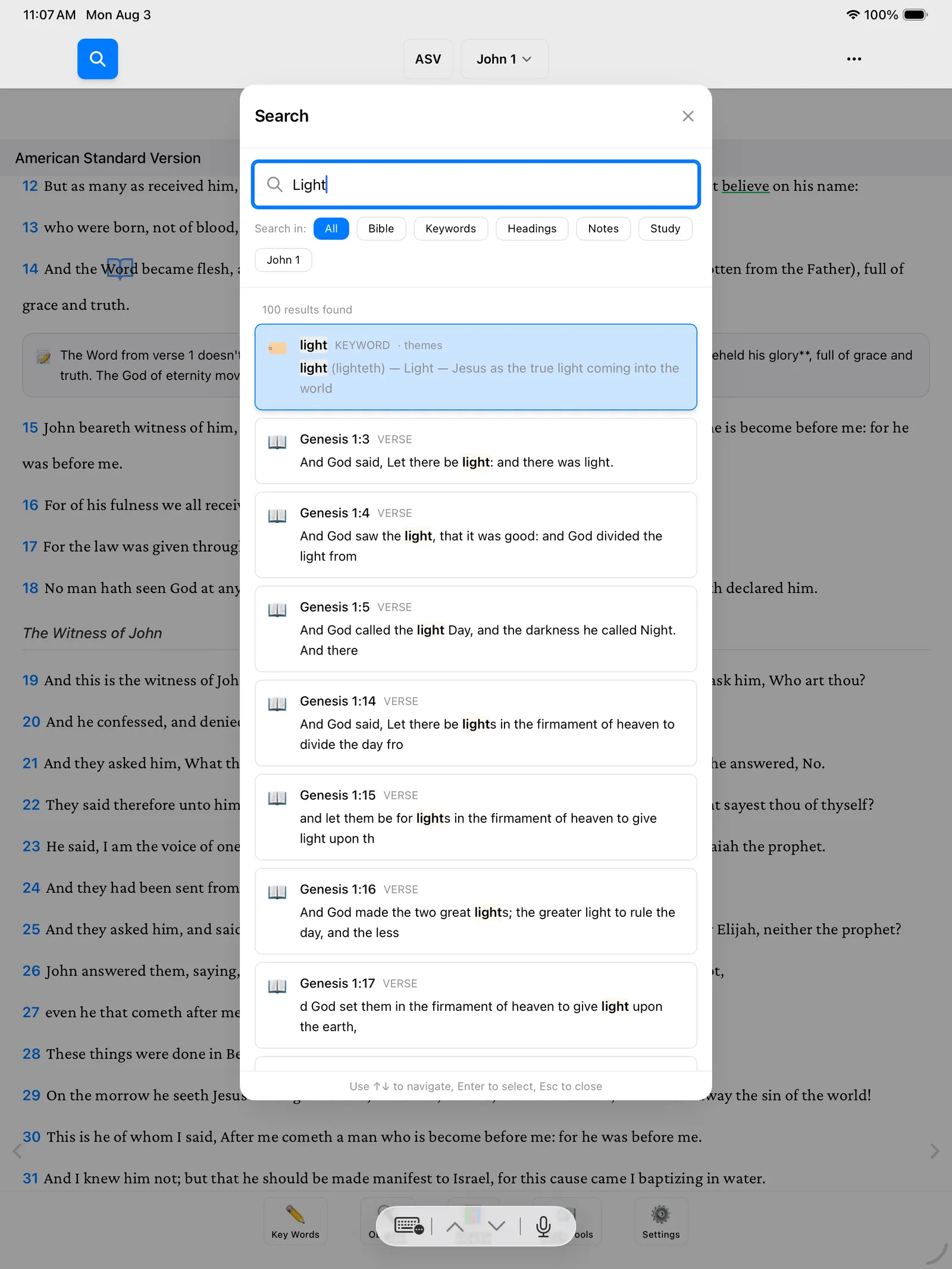 The Search dialog with "Light" typed in, showing filter chips and results including a keyword card and Bible verses