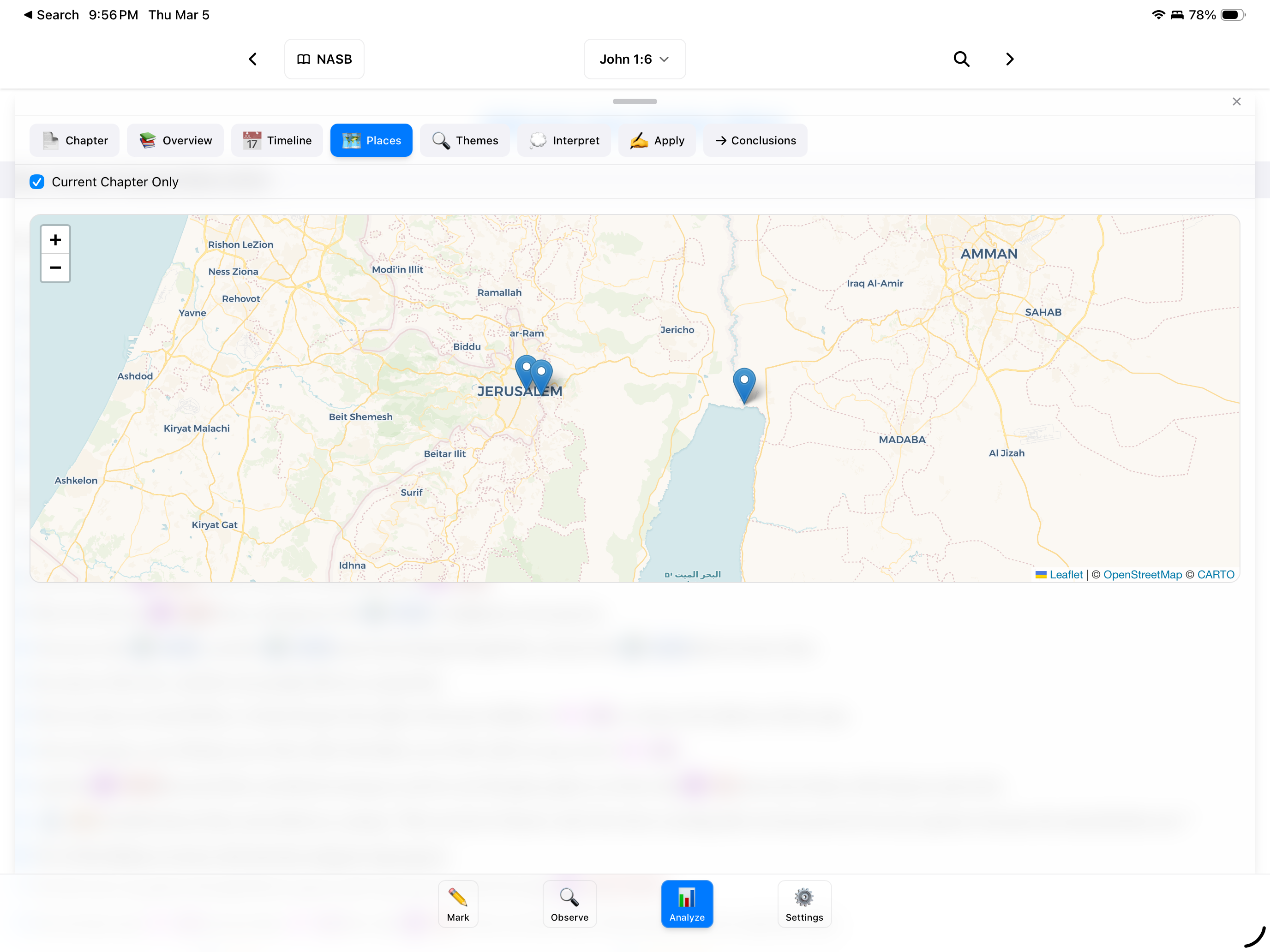 BibleMarker — Analyze panel with places map